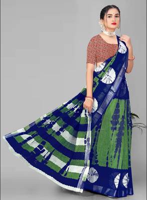 green  linen cotton digital print saree (multi) 2