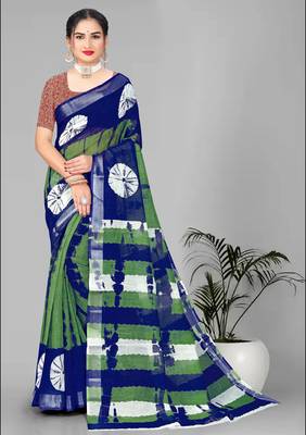 green  linen cotton digital print saree (multi) 3