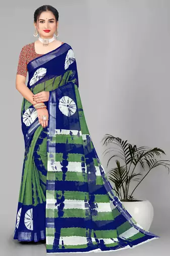green  linen cotton digital print saree (multi)