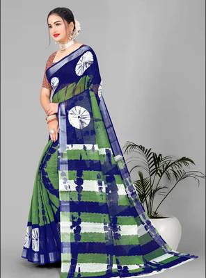 green  linen cotton digital print saree (multi) 4