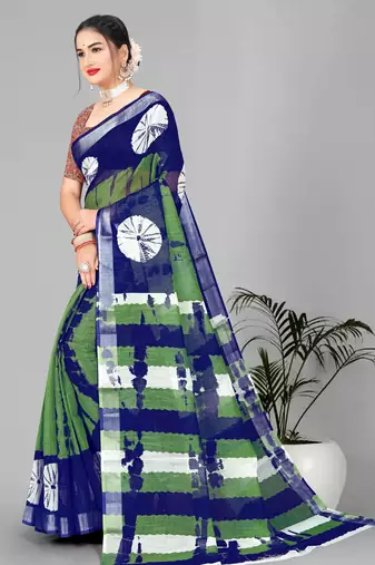 green  linen cotton digital print saree (multi)
