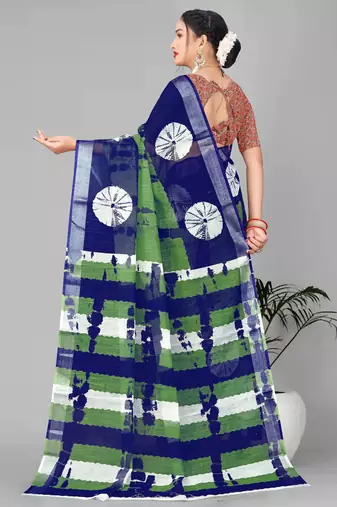 green  linen cotton digital print saree (multi)