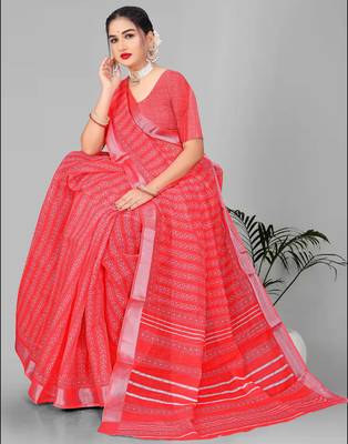 red  linen cotton paisley digital print saree (red) 1