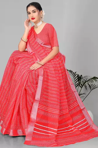 red  linen cotton paisley digital print saree (red)
