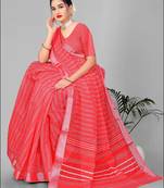 red  linen cotton paisley digital print saree (red)