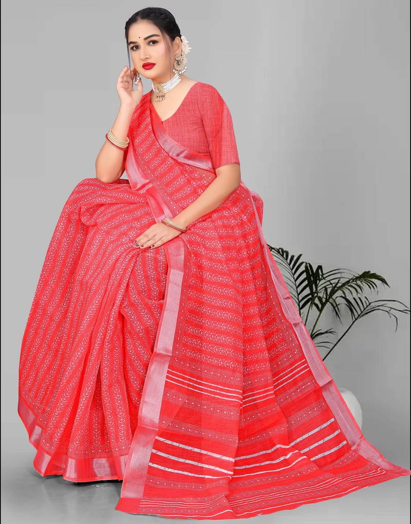 red  linen cotton paisley digital print saree (red)