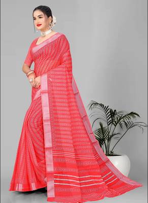 red  linen cotton paisley digital print saree (red) 4