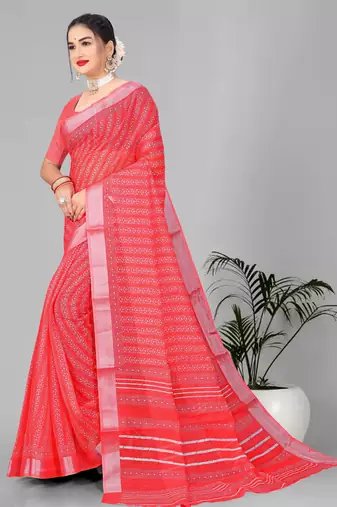 red  linen cotton paisley digital print saree (red)