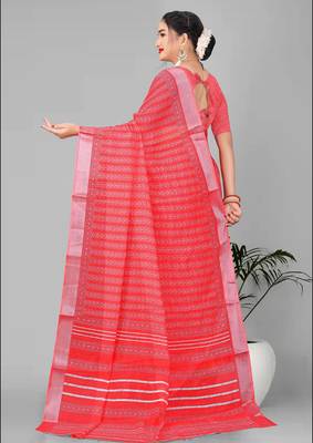 red  linen cotton paisley digital print saree (red) 5