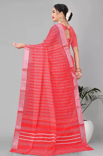 red  linen cotton paisley digital print saree (red)