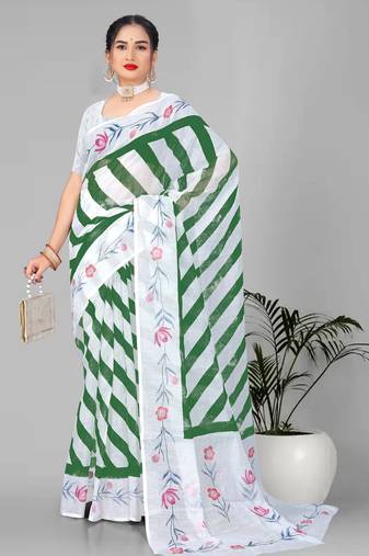 green  linen cotton lining  digital print saree ( green )