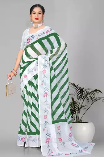 green  linen cotton lining  digital print saree ( green )
