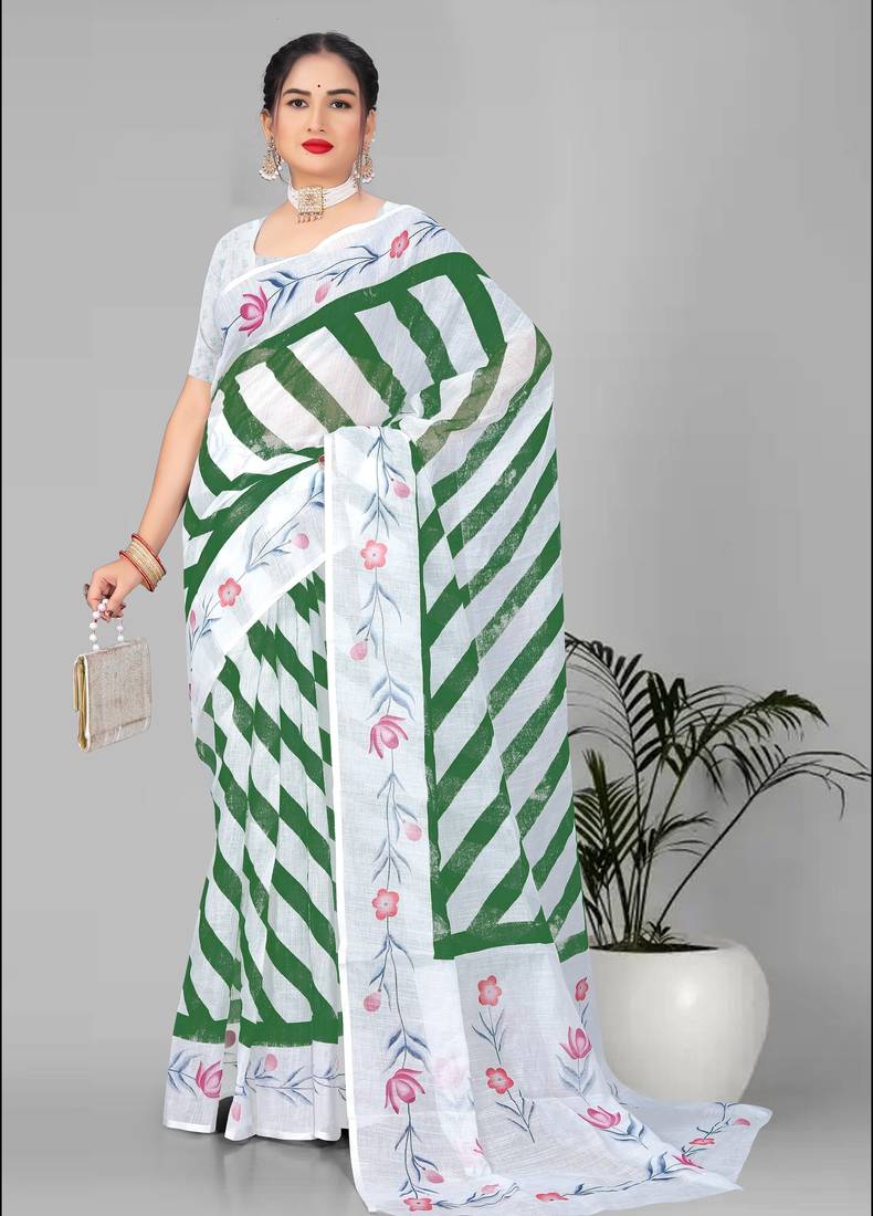 green  linen cotton lining  digital print saree ( green )