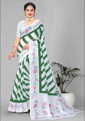 green  linen cotton lining  digital print saree ( green ) 3