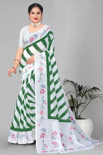 green  linen cotton lining  digital print saree ( green )