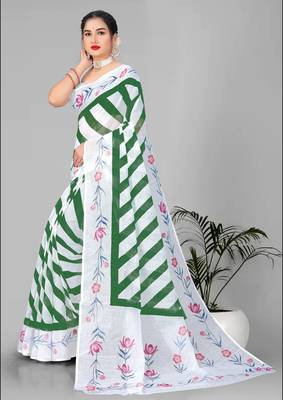 green  linen cotton lining  digital print saree ( green ) 4