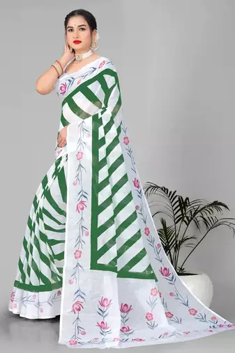 green  linen cotton lining  digital print saree ( green )
