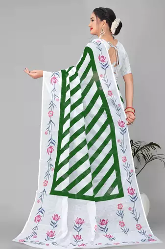 green  linen cotton lining  digital print saree ( green )