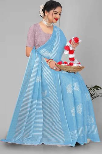 sky blue  linen cotton digital print saree (sky)