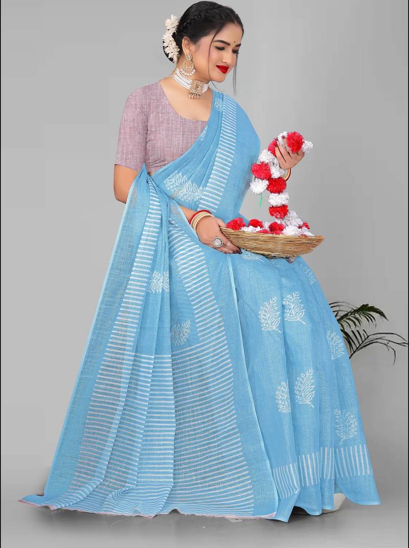 sky blue  linen cotton digital print saree (sky)