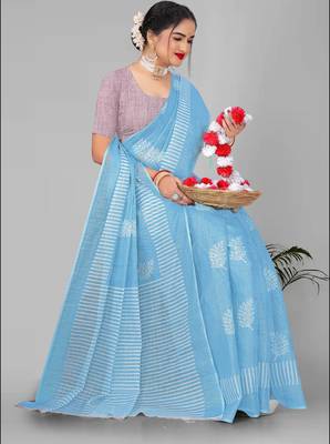 sky blue  linen cotton digital print saree (sky) 2