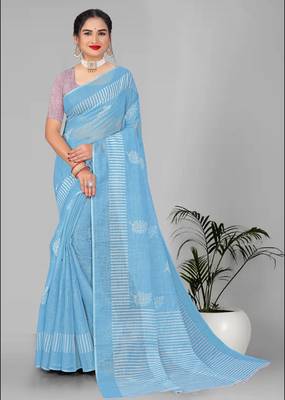 sky blue  linen cotton digital print saree (sky) 3