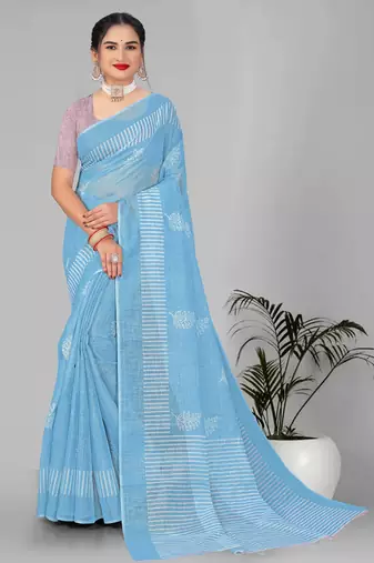 sky blue  linen cotton digital print saree (sky)