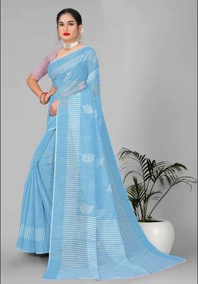 sky blue  linen cotton digital print saree (sky) 4