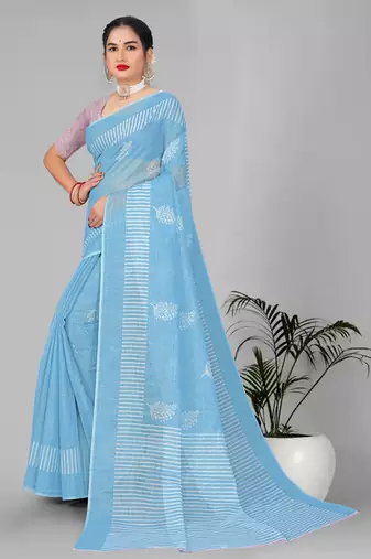 sky blue  linen cotton digital print saree (sky)