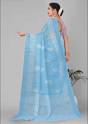 sky blue  linen cotton digital print saree (sky) 5