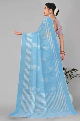 sky blue  linen cotton digital print saree (sky)