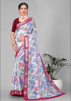 off white  linen cotton digital print saree (multi) 1
