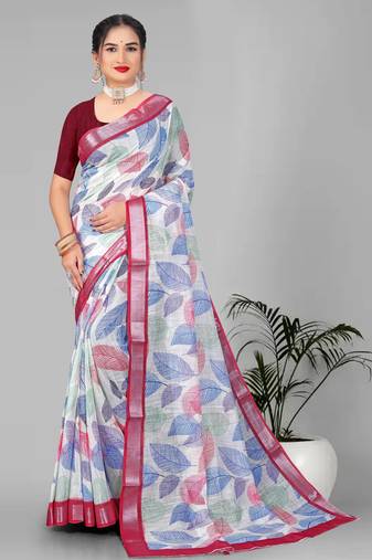 off white  linen cotton digital print saree (multi)