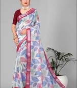 off white  linen cotton digital print saree (multi)