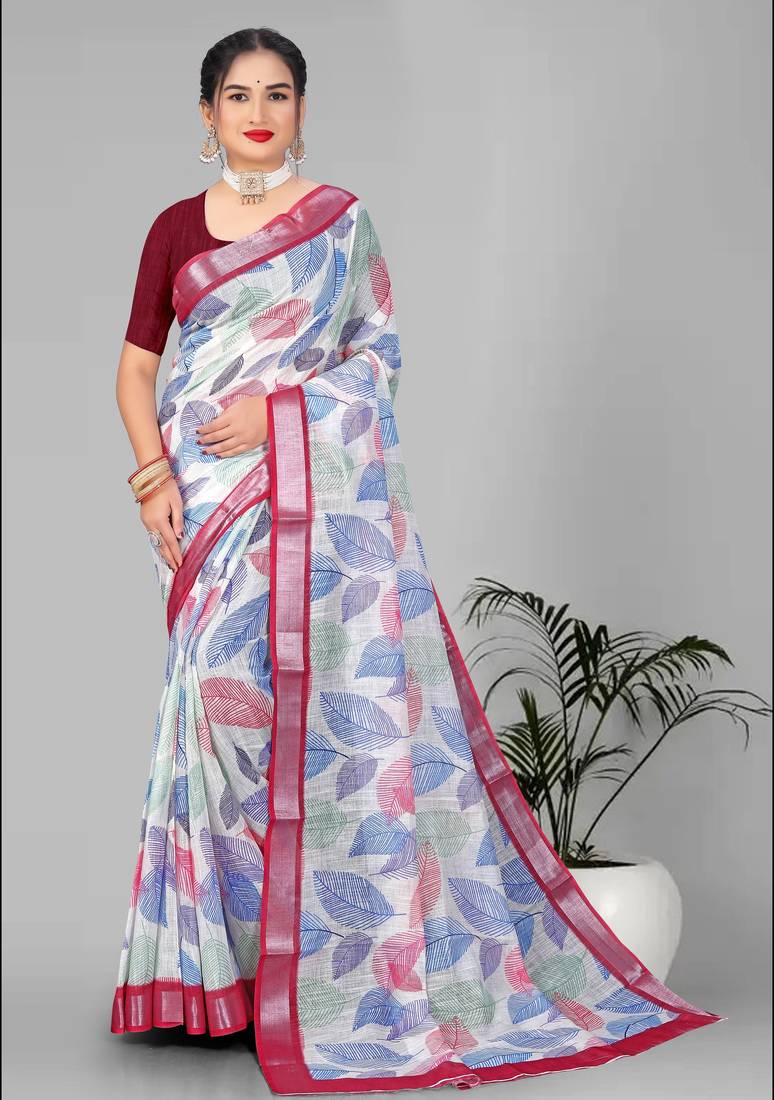off white  linen cotton digital print saree (multi)