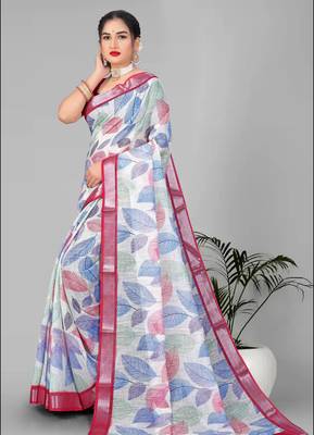 off white  linen cotton digital print saree (multi) 3