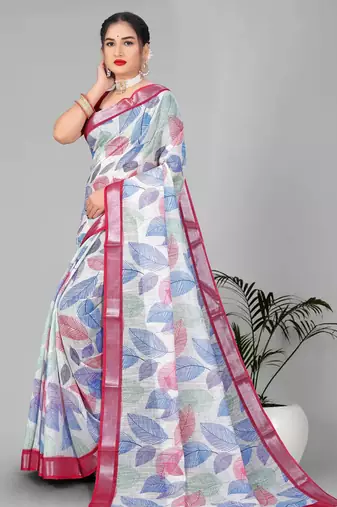 off white  linen cotton digital print saree (multi)