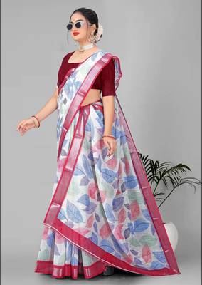 off white  linen cotton digital print saree (multi) 4