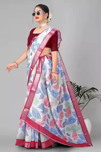 off white  linen cotton digital print saree (multi)