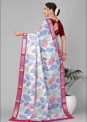 off white  linen cotton digital print saree (multi) 5