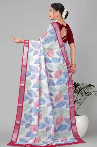 off white  linen cotton digital print saree (multi)