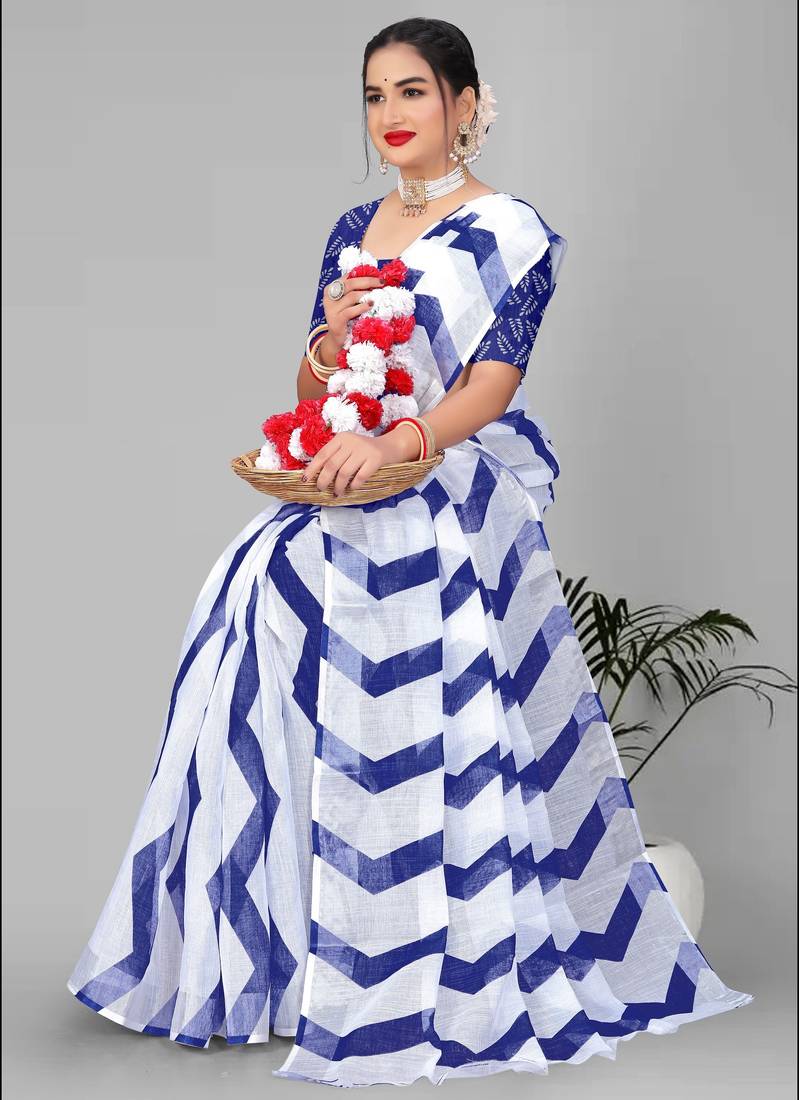 blue  linen cotton lining  digital print saree (blue)