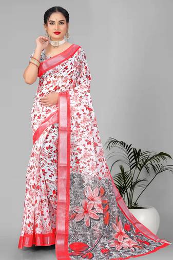 off white floral linen cotton digital print saree