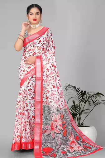 off white floral linen cotton digital print saree