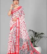 off white floral linen cotton digital print saree