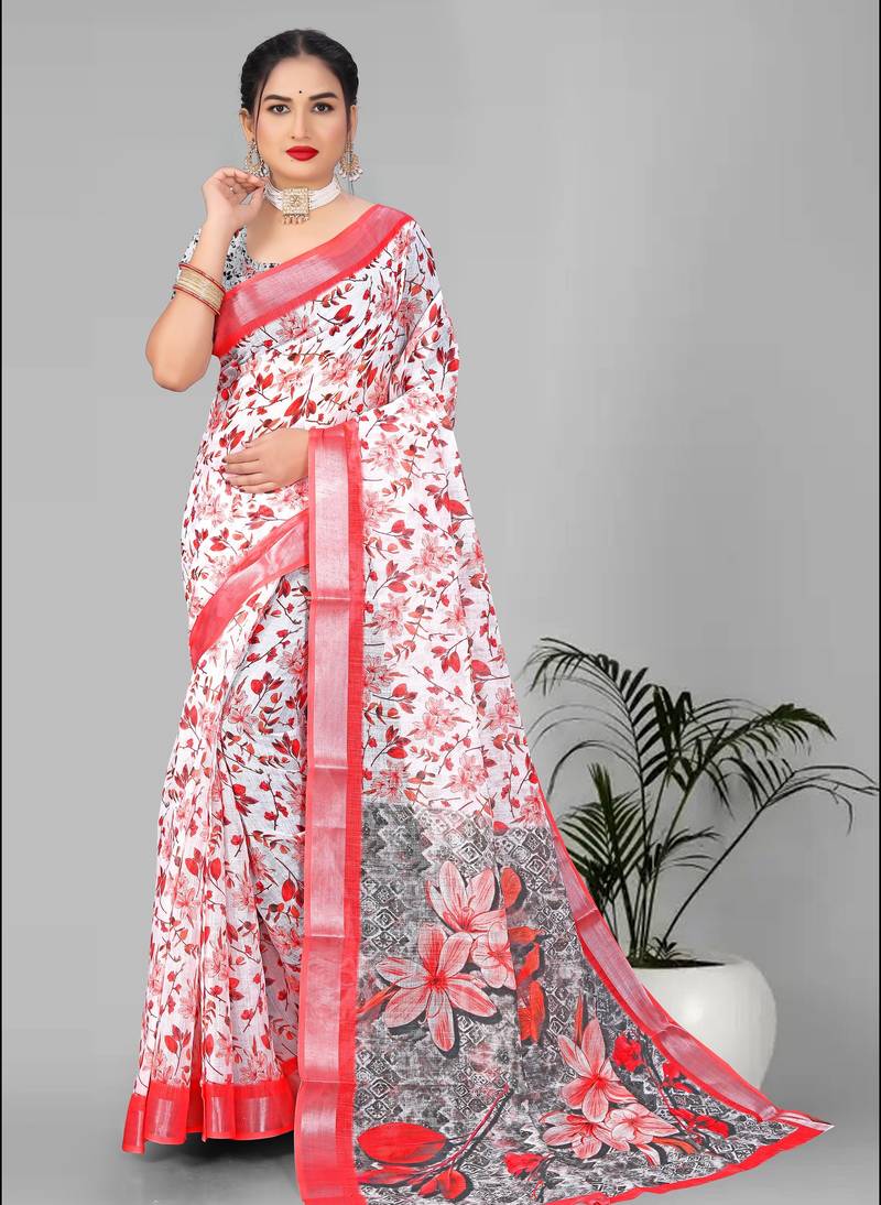 off white floral linen cotton digital print saree