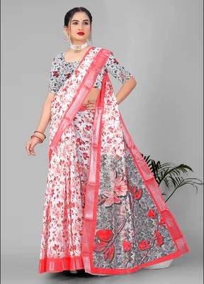 off white floral linen cotton digital print saree 3