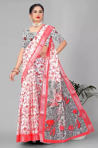 off white floral linen cotton digital print saree
