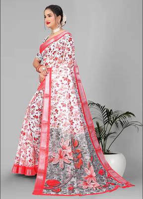 off white floral linen cotton digital print saree 4