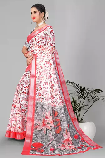 off white floral linen cotton digital print saree